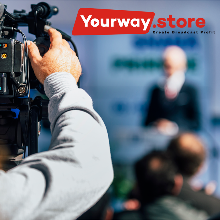 Camera capturing a broadcast event with YourWay.Store logo overlay.