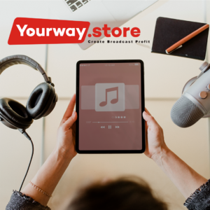 YourWay.Store logo on tablet with music, headphones, and microphone